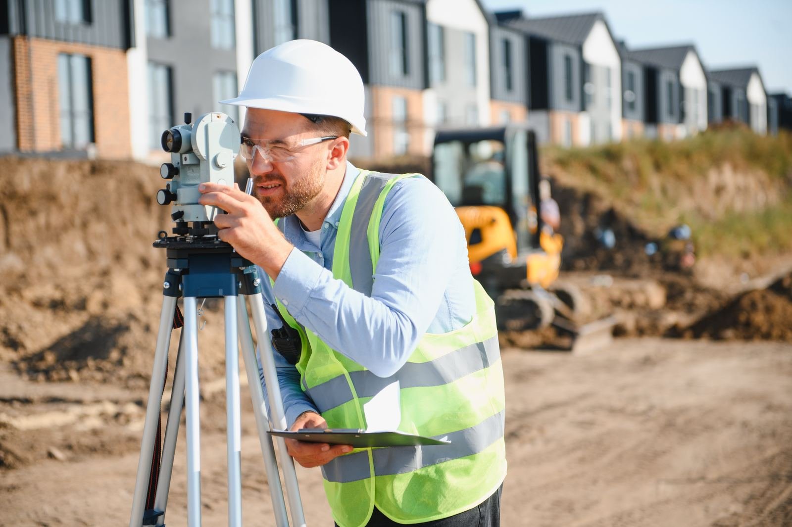 Surveyor working a commercial construction site with an automatic level