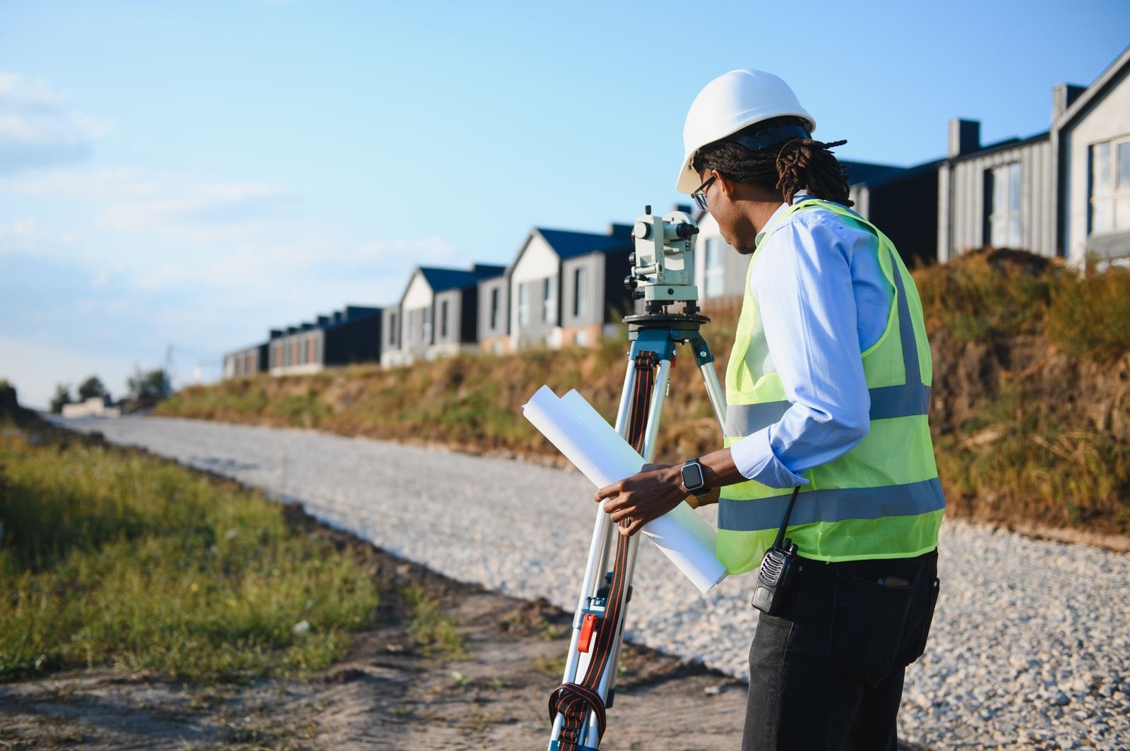 Surveyor with construction plans and an automatic level on a residential build site